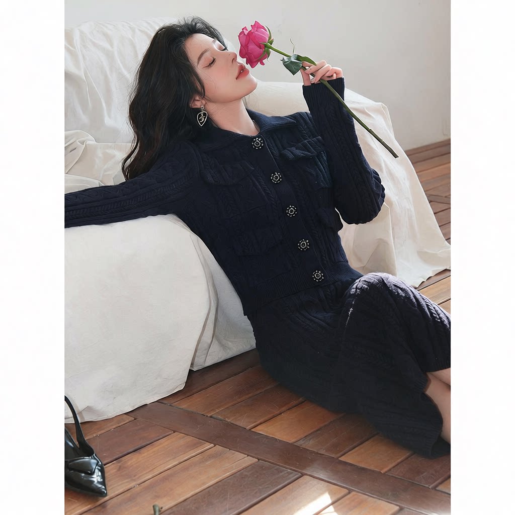 maSande早春新款藏蓝色小香风翻领绞花针织上衣半身裙针织套装女