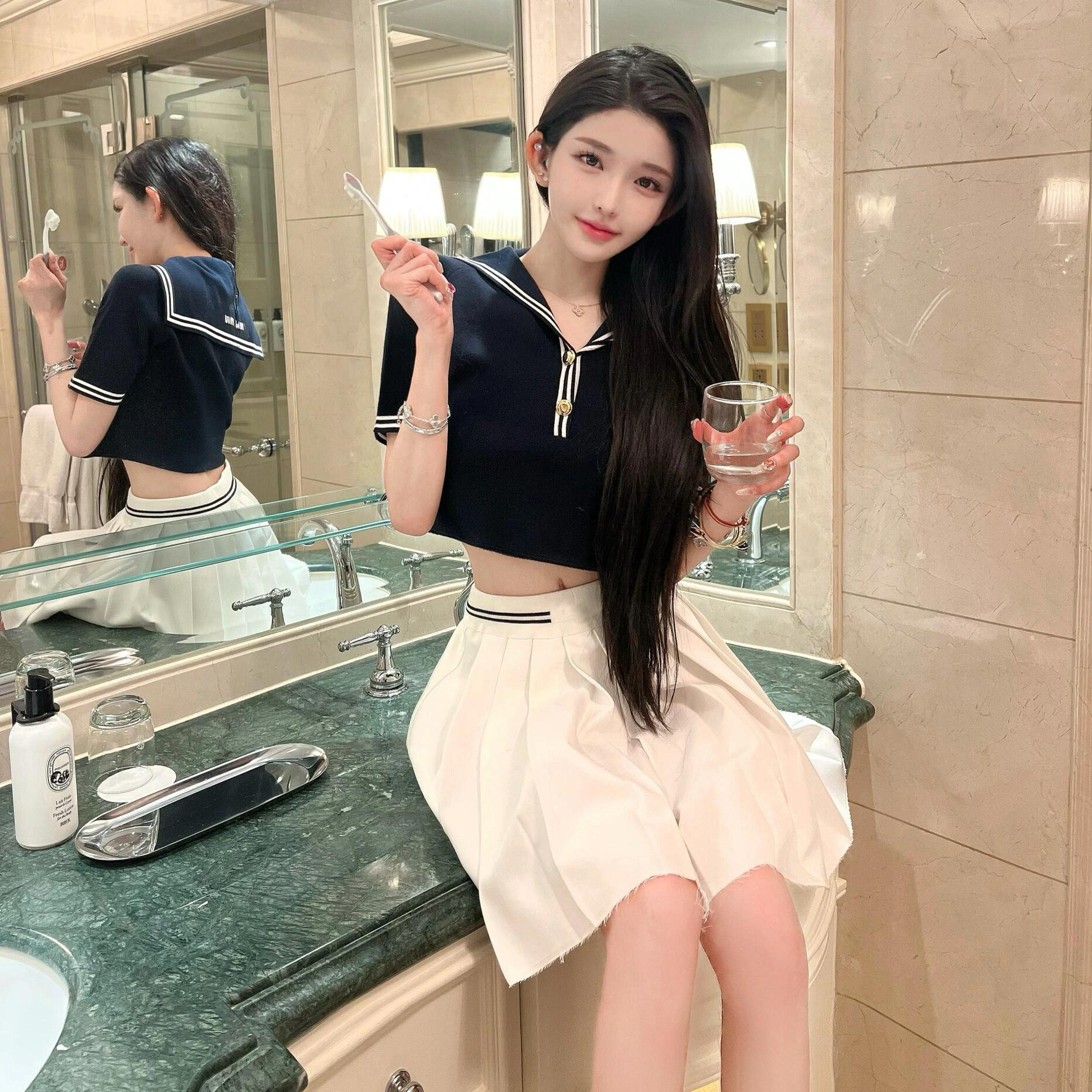 maSande24春夏新款设计感领短袖针织衫T恤减龄学院风撞色短款显瘦