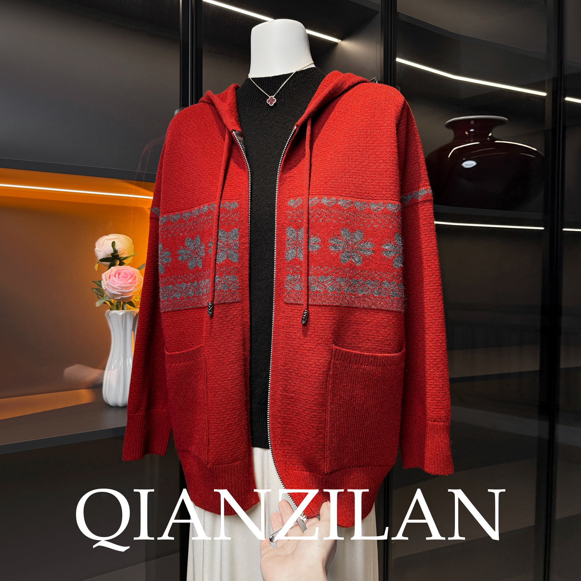 红色羊毛衫针织开衫女中老年妈妈秋冬宽松卫衣毛衣外套时尚上衣服