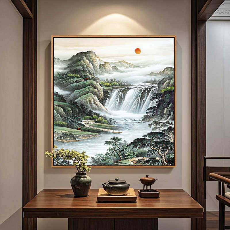 迎客松挂画绿水青山玄关装饰画办公室中式风景画松树客厅山水壁画
