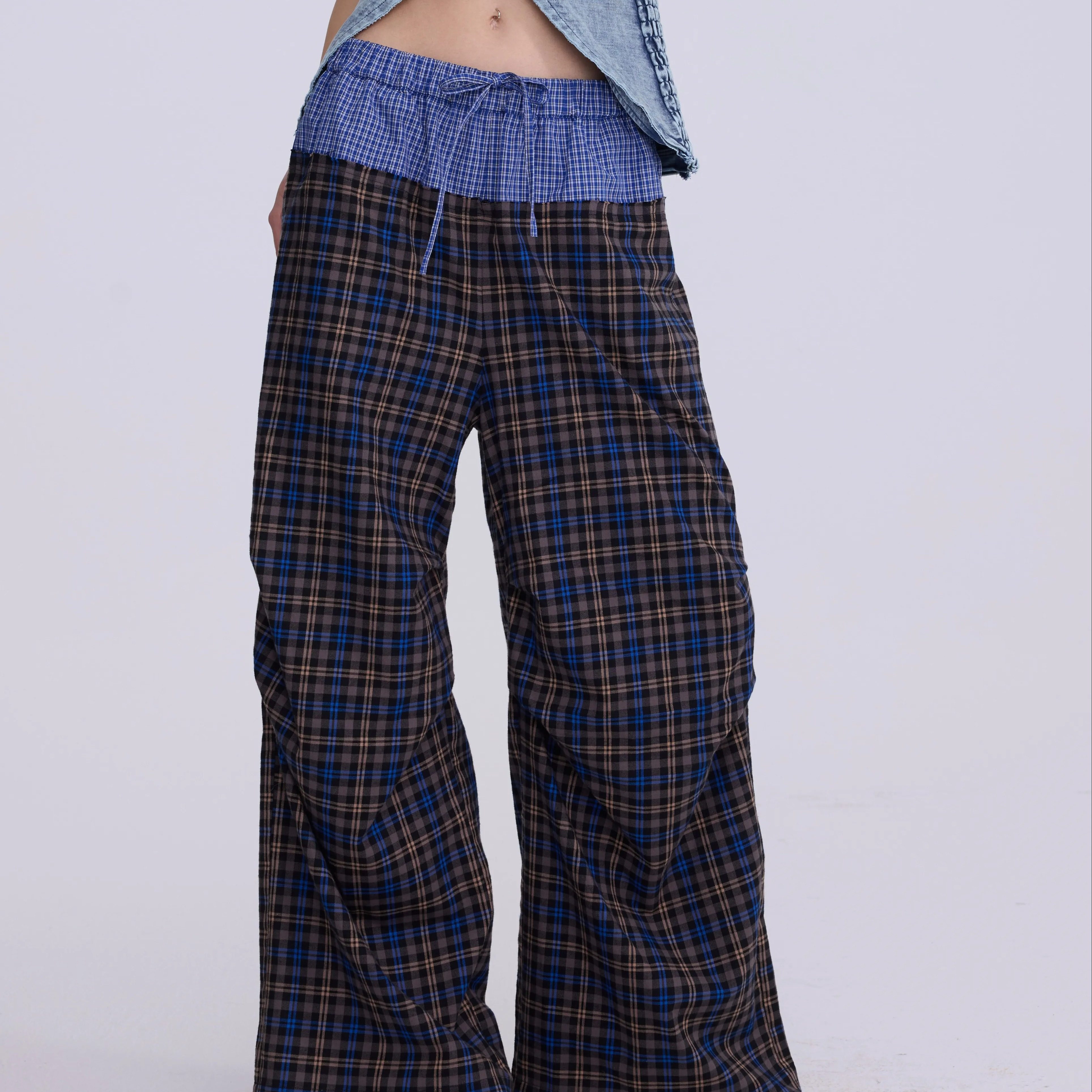 SHAKEITSHAKE复古拼接格纹压褶阔腿休闲裤女春季宽松显瘦长裤子,女装/女士精品,休闲裤,淘宝优惠券,粉丝福利购,淘宝优惠卷