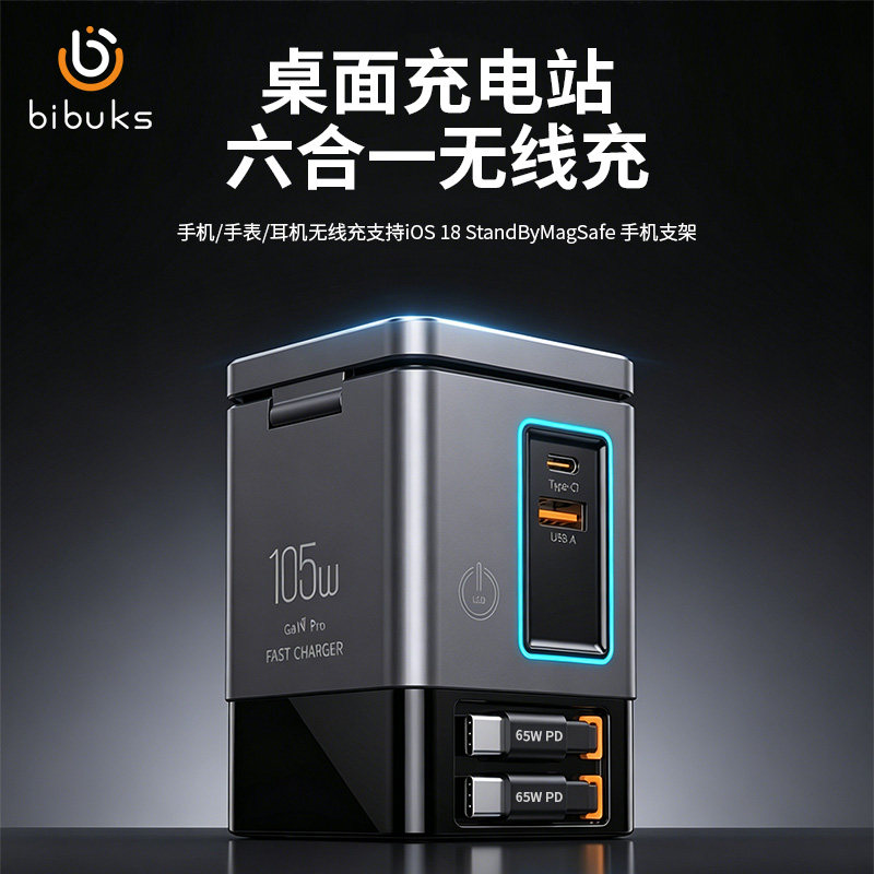 bibuks105W桌面充电站i116Max六合一磁吸无线充电17适用苹果16快充15笔记本magsafe手机iPhone手表平板游戏机