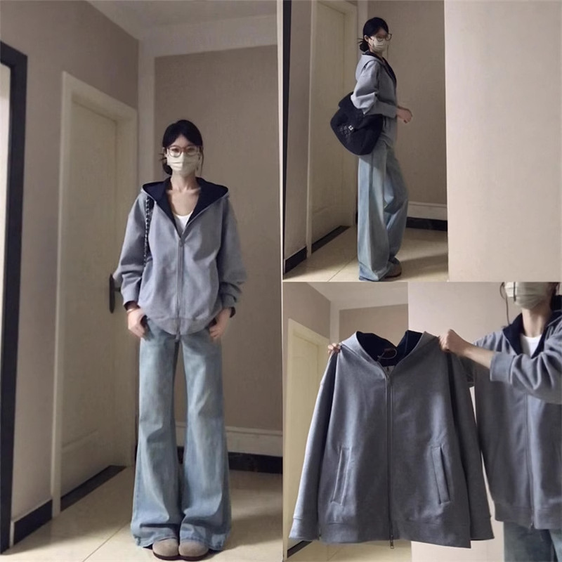 美式撞色连帽卫衣外套女早秋季2025新款慵懒宽松长袖拉链开衫上衣