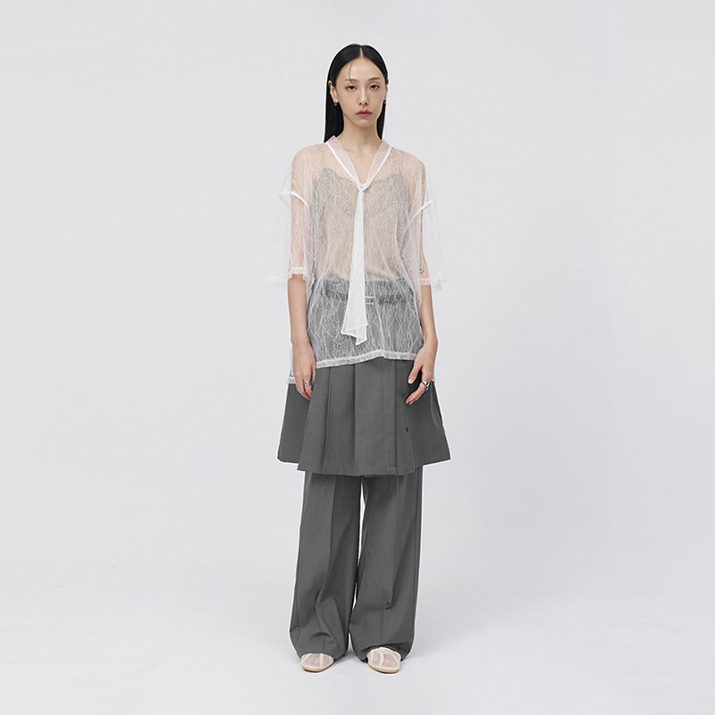 BFAT 2025夏季新款蕾丝透视领结短袖T恤女时尚高级感百搭V领上衣
