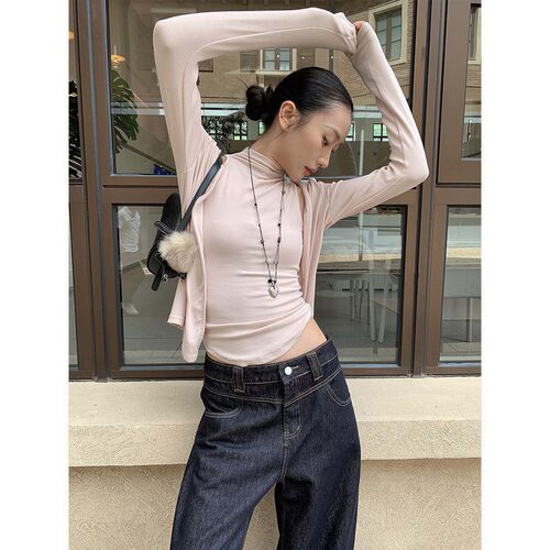 of32 official韩系长袖开衫女秋季高领修身显瘦背心上衣两件套装