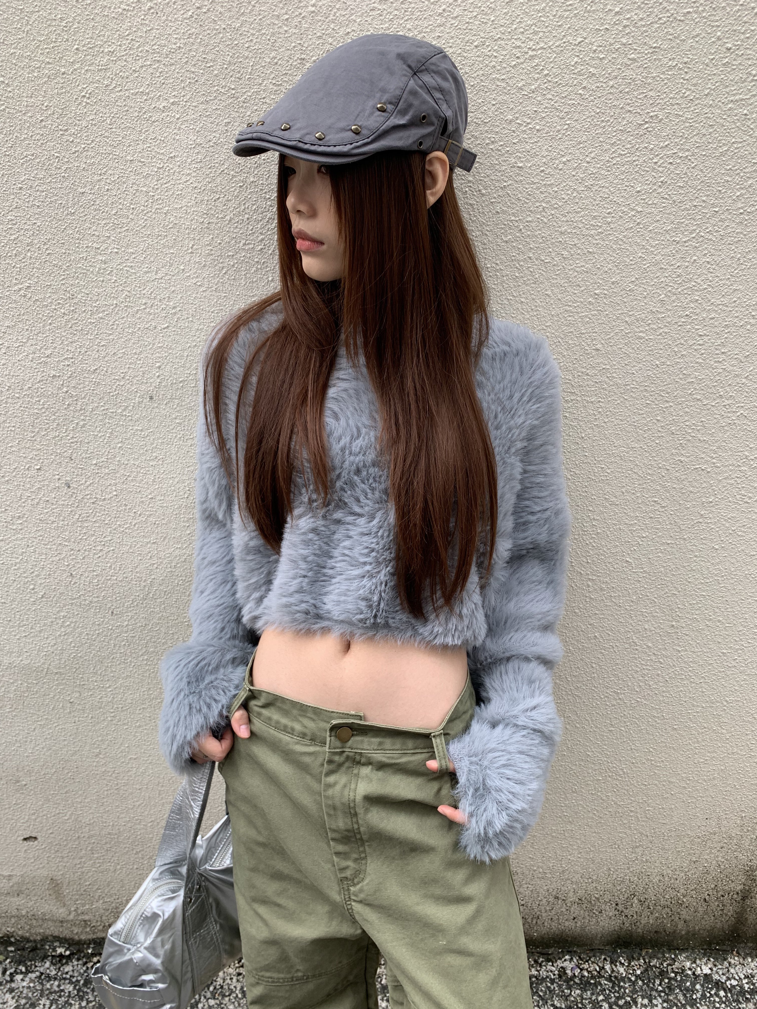 of32 official2025慵懒风设计感连帽毛衣女短款外搭修身针织上衣