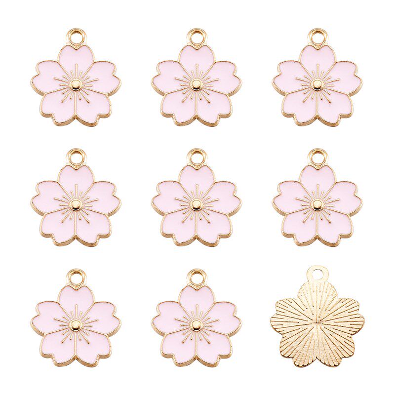 10Pcs Pink Sakura Flower Charms Alloy Enamel Pendants