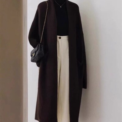 黑色针织开衫女秋冬法式外搭宽松慵懒风高级感气质中长款毛衣外套