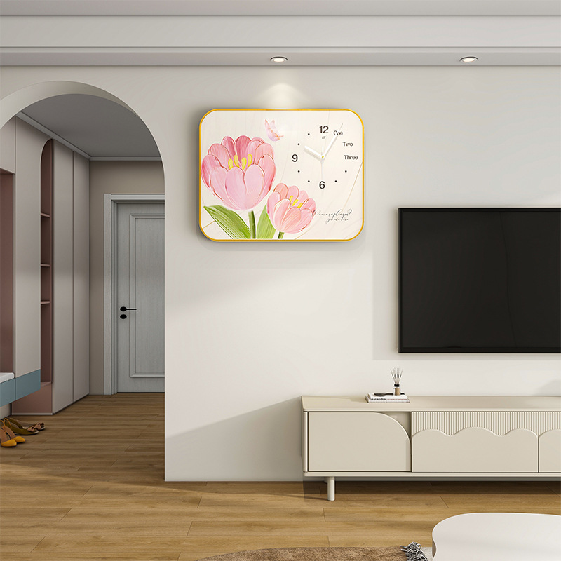 奶油风创意挂钟客厅高级感现代简约钟表挂墙家用装饰画时钟免打孔
