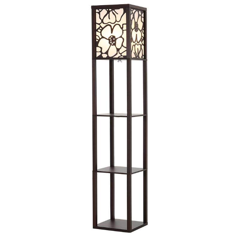 新中式实木置物架落地灯客厅卧室雕花灯罩立式阅读灯装饰收纳两用