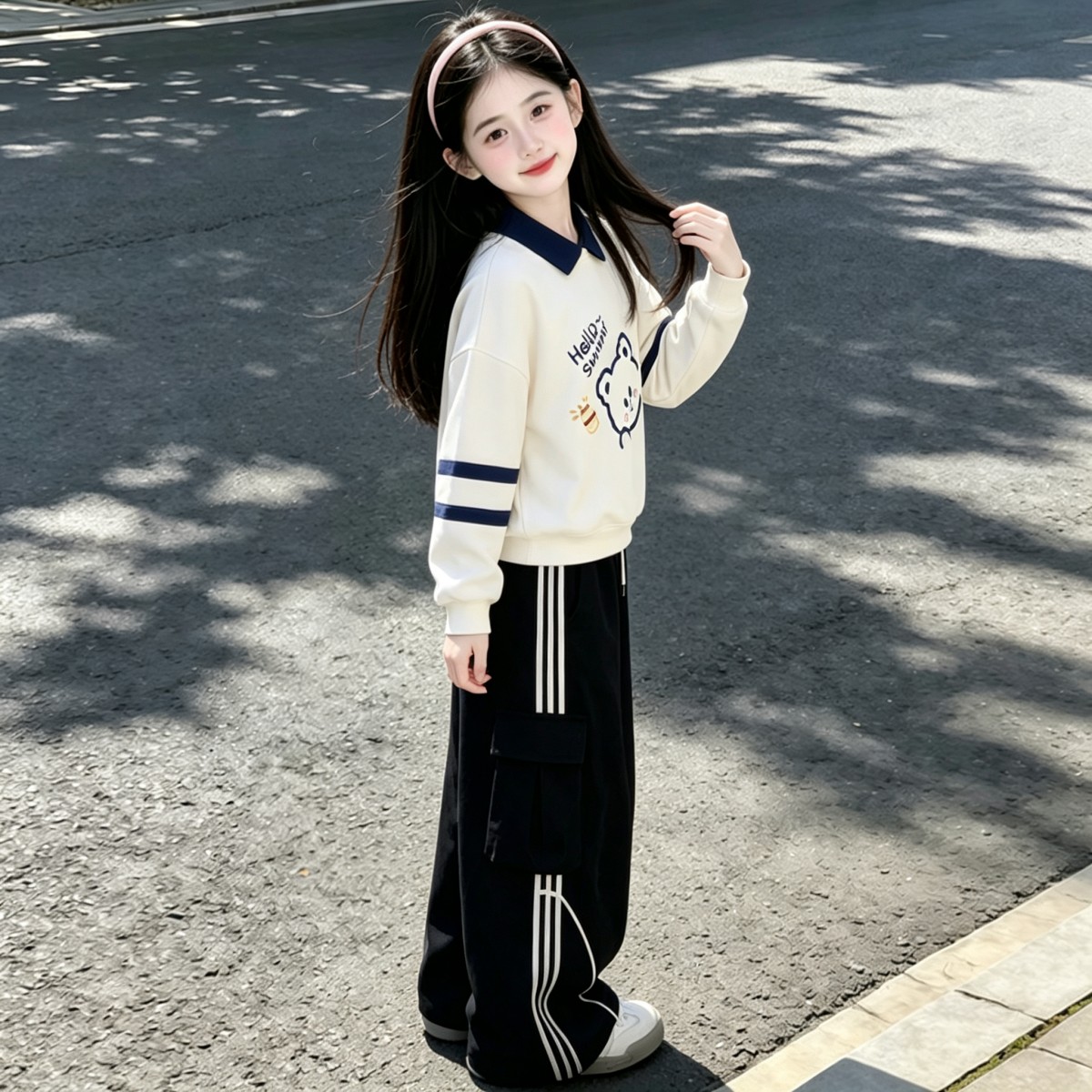 女孩学院风工装套装2026春秋时尚学生韩版宽松Polo领卫衣两件套潮