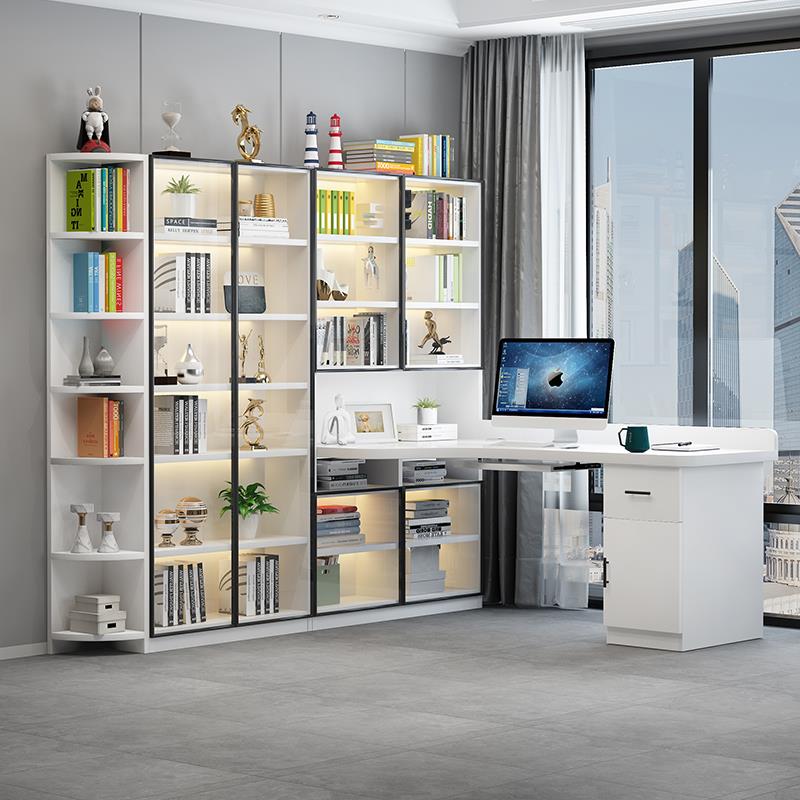 实木转角电脑桌台式家用学生书桌带书柜桌子简约书桌书架一体桌
