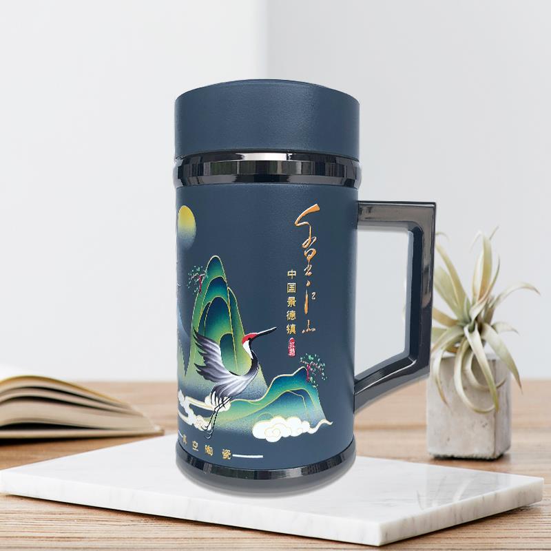 真陶瓷内胆保温杯景德镇仙鹤高端带把手柄装中药显温国潮风泡茶杯