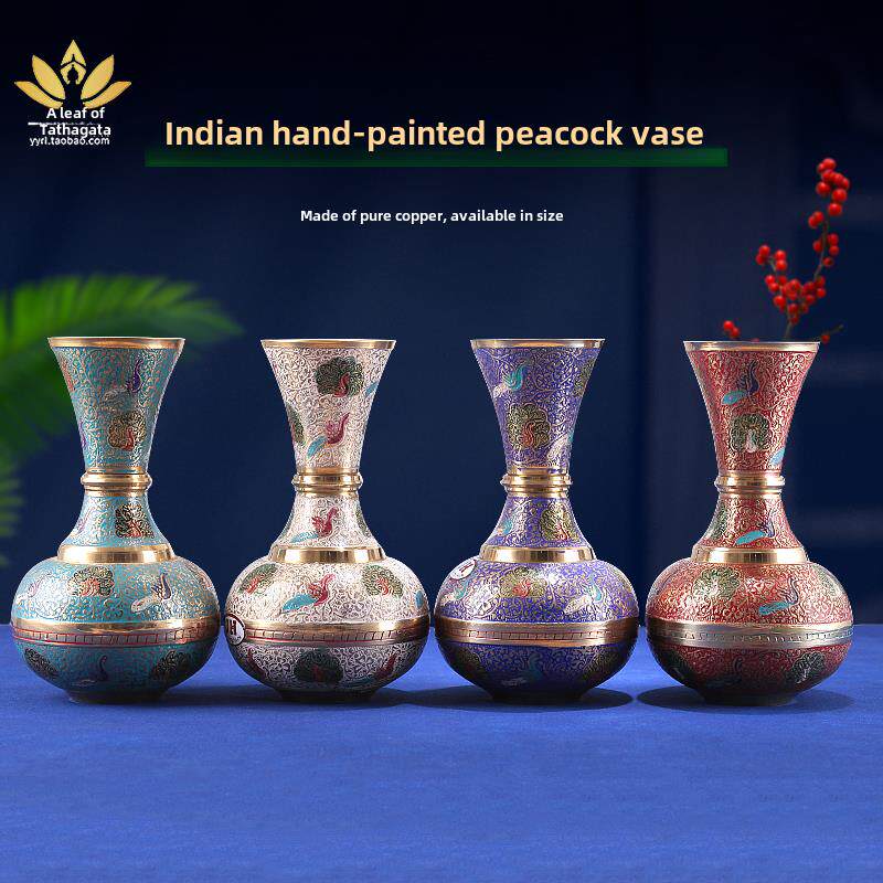 印度手工孔雀彩绘花瓶摆件前佛像供品花瓶水净化花瓶铜花瓶客厅佛