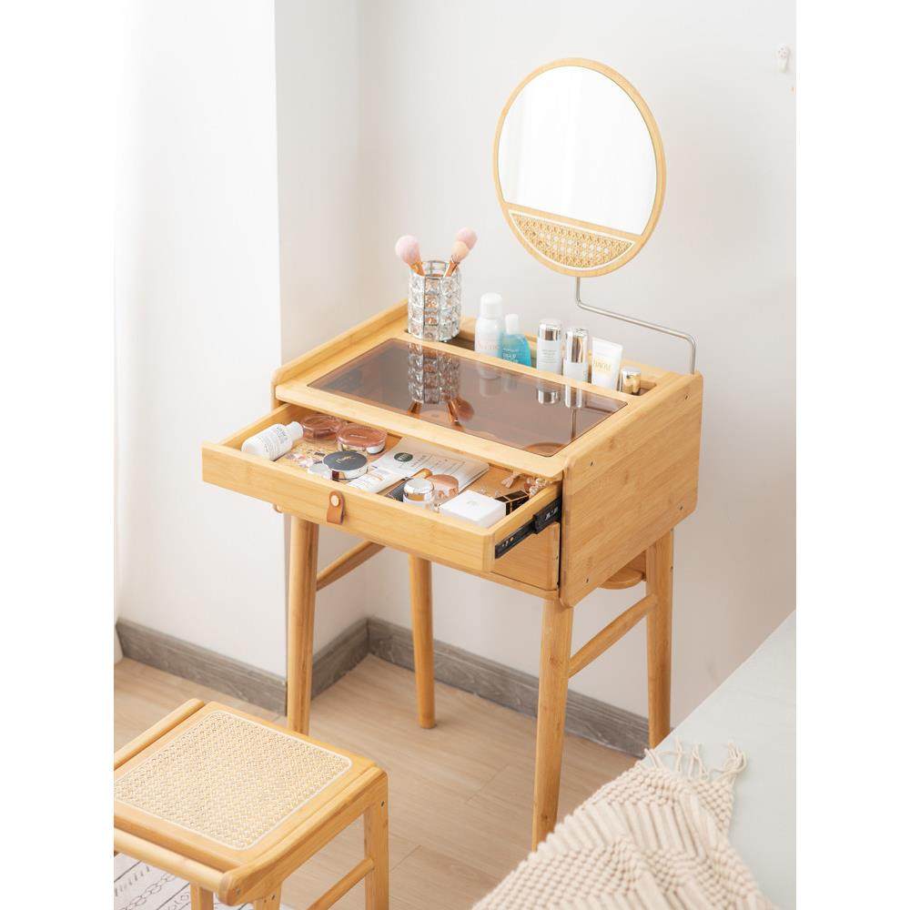 储物梳妆台卧室凳子收纳化妆桌现代简约迷你小户型化妆台书桌楠竹