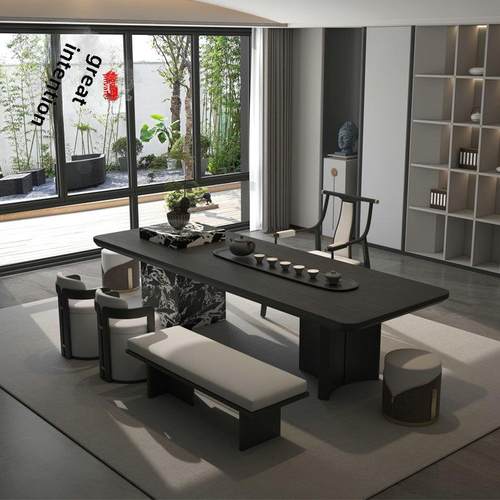 意式新中式茶几椅套装，实木，轻奢办公设计师模型，别墅茶室极简