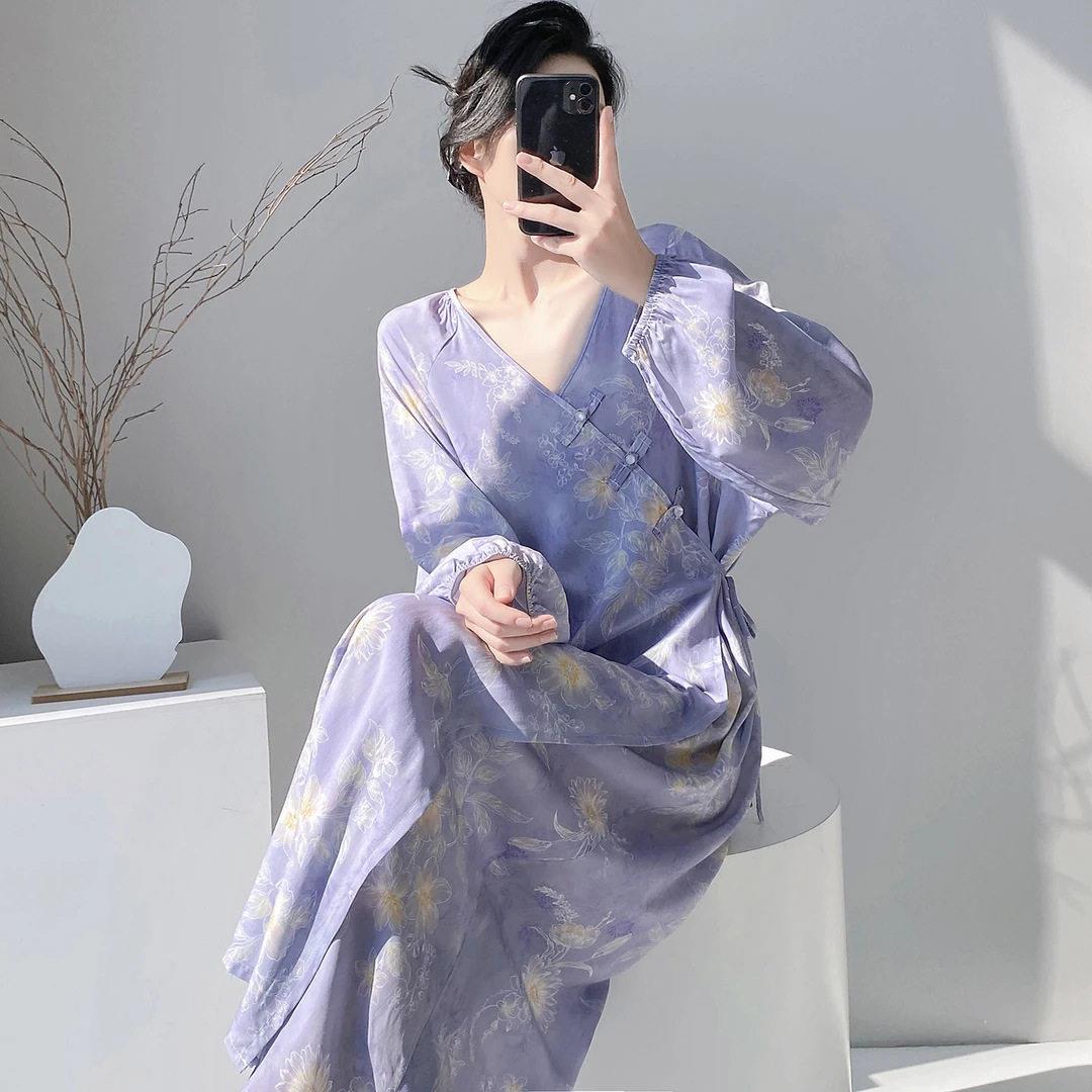米诗缇棉绸睡裙女春夏季宽松薄款睡衣简约舒适国风家居服莱赛尔棉