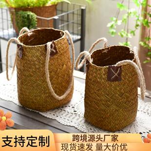 田园草编花篮花盆 干花篮手工编织收纳篮子 藤编竹编客厅装饰花器