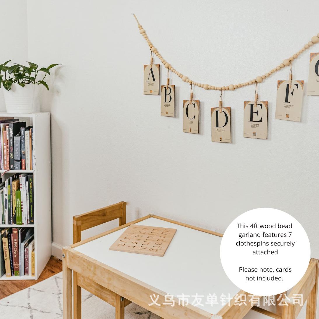 悬挂照片展示带原木色木珠串相片收纳流苏串麻绳珠串夹子家居装饰