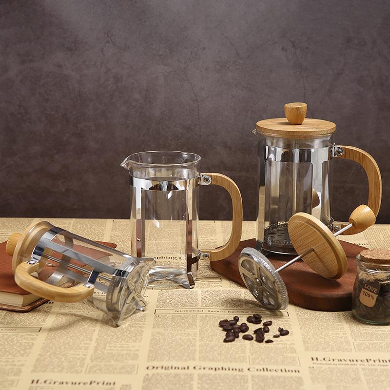 厂家直供竹木款玻璃法压壶家用滤压手冲咖啡过滤器具不锈钢泡茶壶