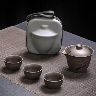 紫砂快客杯便携车载户外一壶三杯盖碗陶瓷礼品 厂家旅行茶具装
