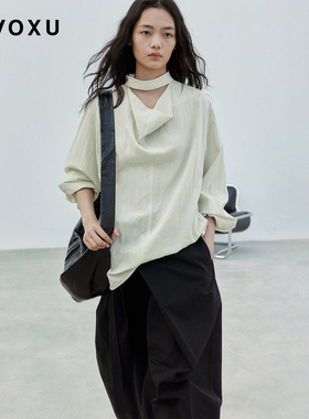 DAOXU倒序  经典围巾领衬衫 不规则气质飘带长袖上衣