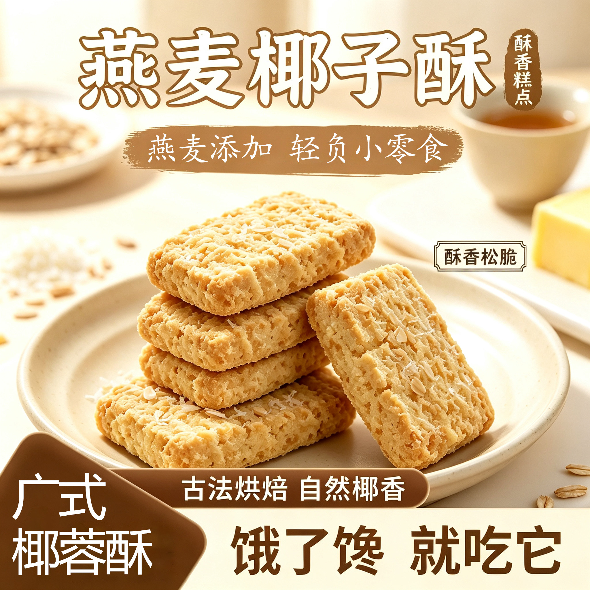 煌记燕麦椰蓉酥饼干椰子酥曲奇减糖健康零食不上火广式糕点营养