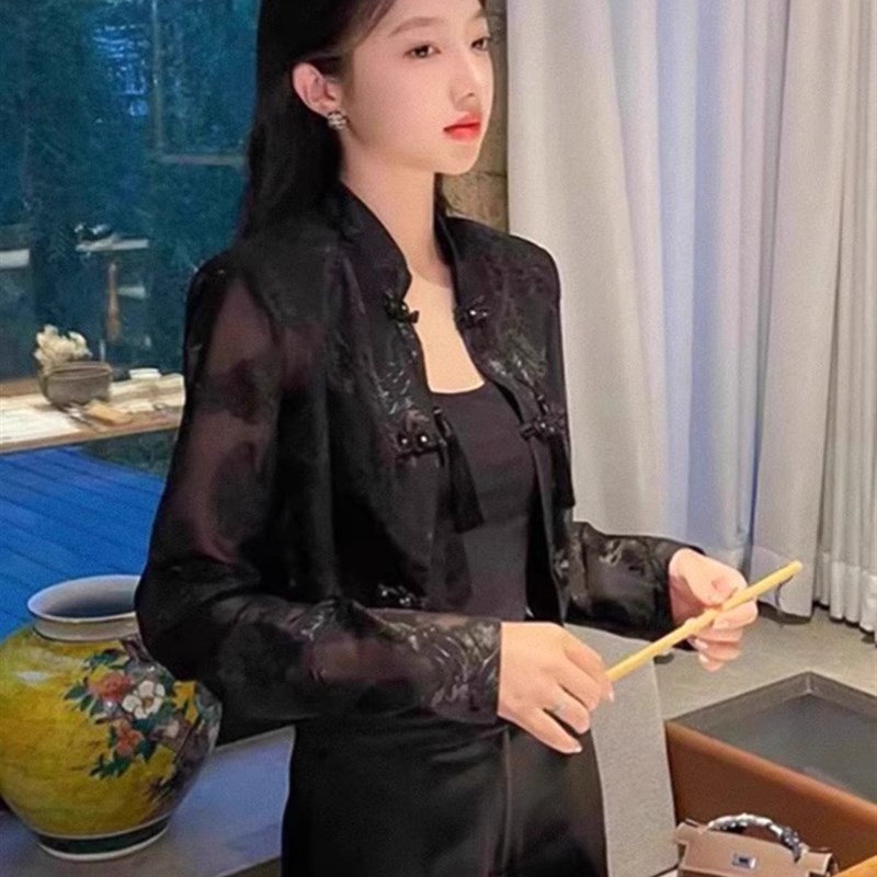 新中式网纱外套女2024夏装新款国风提花防晒衬衫轻薄短款盘扣上衣