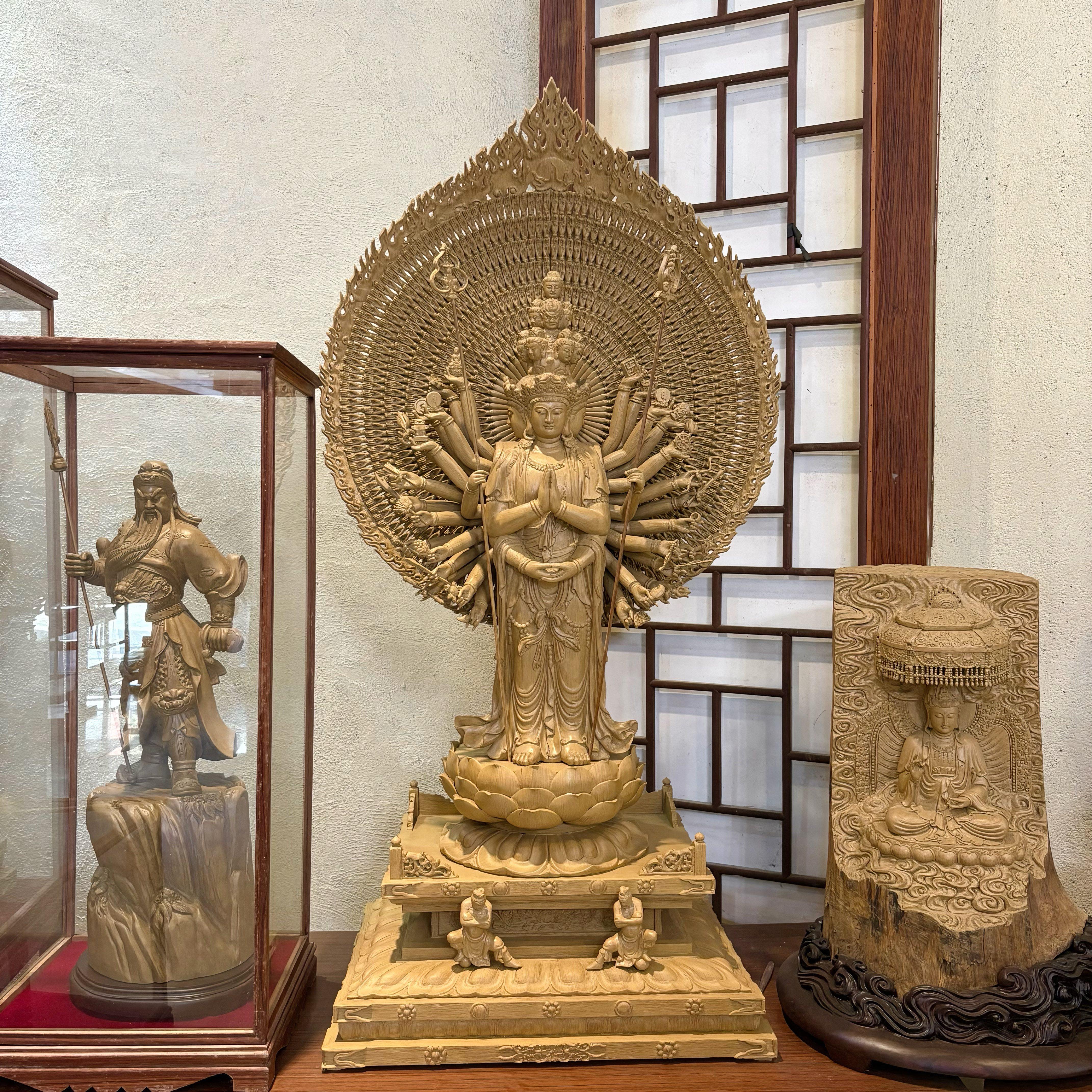 沉香木雕千手观音菩萨招财弥勒佛文财神爷荷花雕刻供奉摆件工艺品