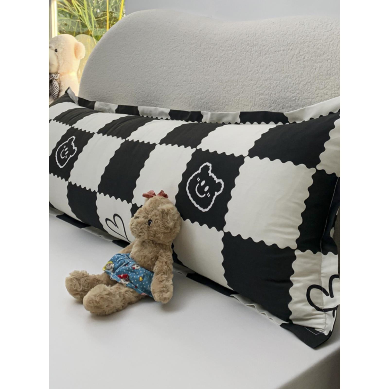 清晰简约纯棉双人长枕套1.2m情侣全棉1.5米加长拉链枕头芯外套1.8