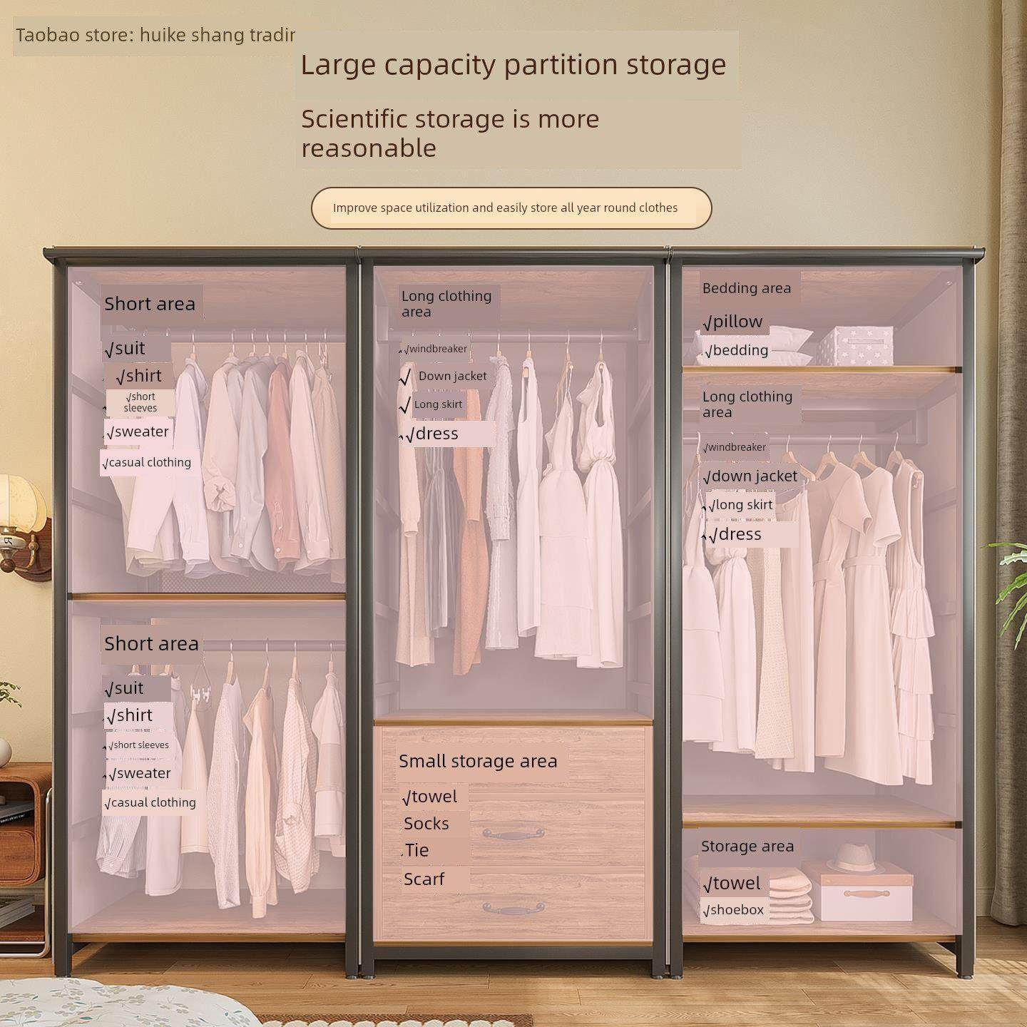 衣柜家庭卧室简易组合金属衣柜一体化组合全钢架开放式衣帽间挂衣