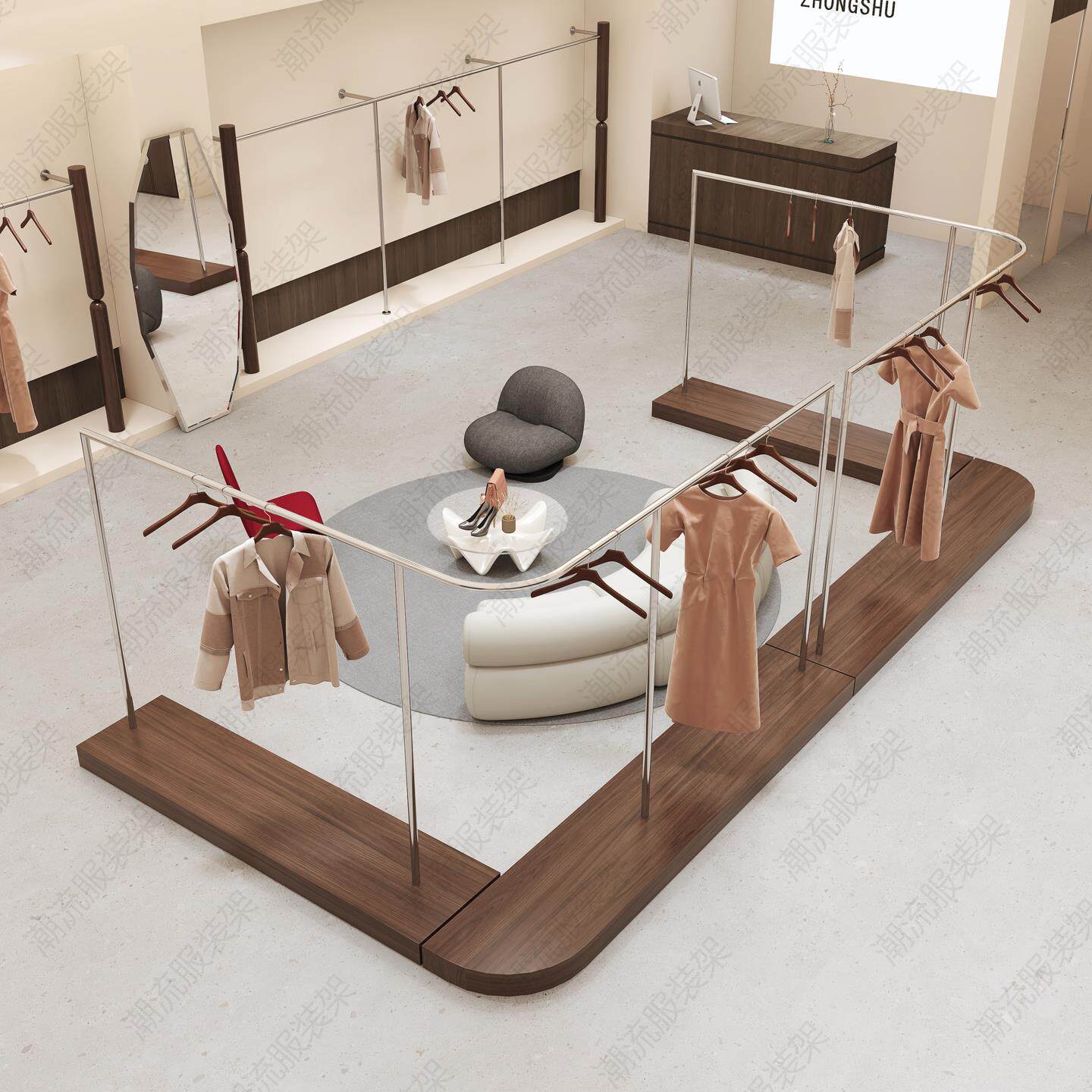 服装店展示架弧形胡桃色带板不锈钢落地架男女装陈列挂衣杆中岛架