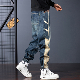 青少年拼接束脚牛仔裤子男款秋冬大码宽松休闲拼色收口哈伦工装裤