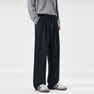 高级感垂感阔腿裤男2026春夏新款宽松直筒休闲长裤藏青色西装裤子
