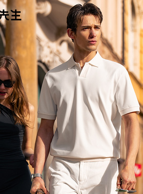 布先生轻奢竖纹POLO衫男款短袖T恤夏季海鸥领纯色时尚商务ET16218