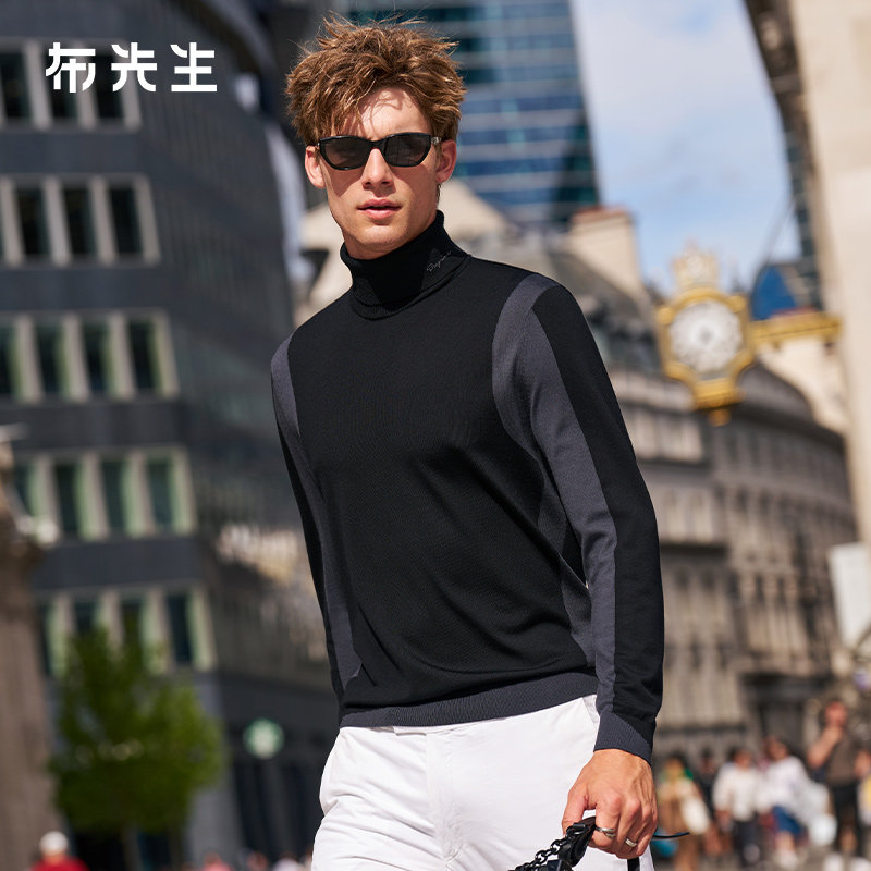 布先生轻奢长袖毛t拼色男士100%绵羊毛可翻高领T恤衫保暖PT16713,男装,针织衫/毛衣,淘宝优惠券,粉丝福利购,淘宝优惠卷