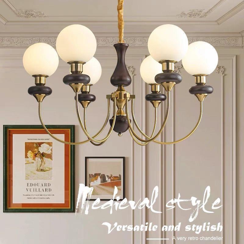 法式中古客厅灯吊灯餐厅灯具魔豆美式复古风卧室灯胡桃木色吸顶灯