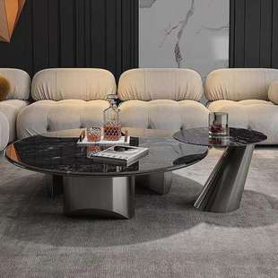 意式极简天然超晶石茶台极简客厅家用大理石不锈钢大小圆茶几组合