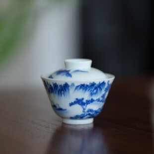 妙乐宝集包银山水青花杯景德镇手工盖碗不烫手家用手绘功夫茶具