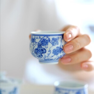 妙乐宝集葫芦青花手握压手杯主人杯茶杯景德镇手工陶瓷功夫茶具