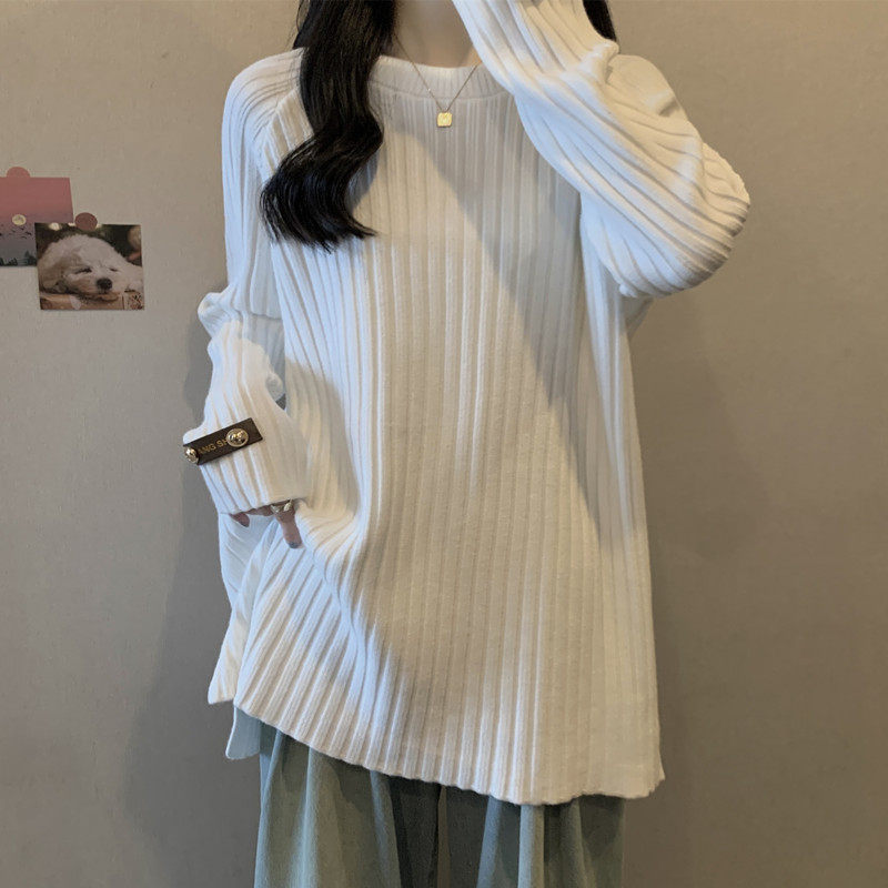 实拍 大码女装秋冬装加厚毛衣纯色显瘦坑条宽松针织衫中长款上衣