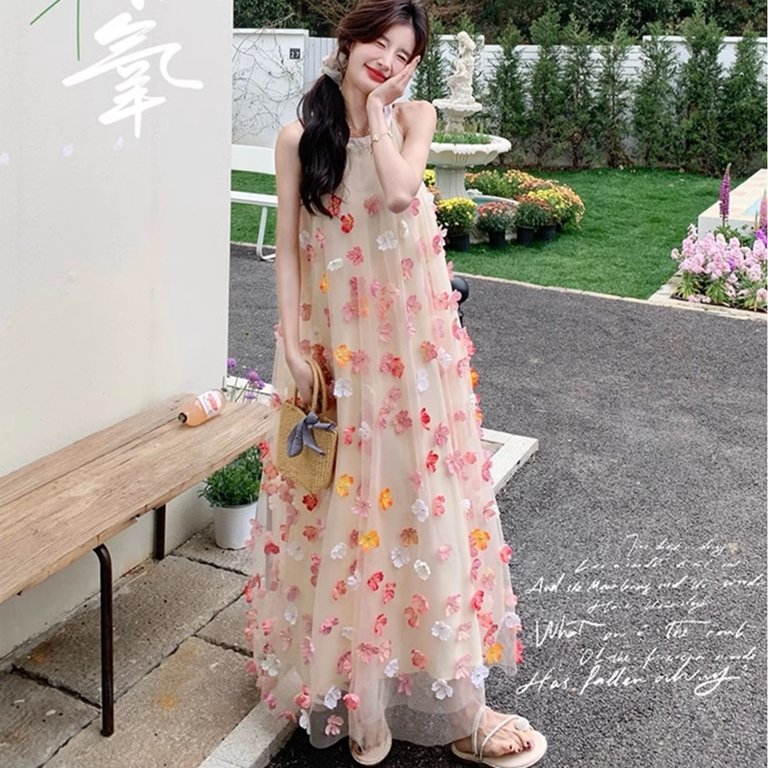 原版大量现货超好看立体花朵挂脖连衣裙女2025新款海边绝美仙女裙