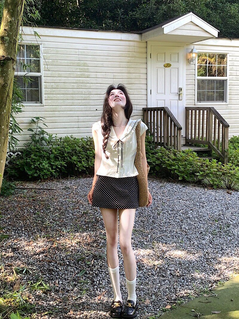 甜美海军领修身显瘦木耳边衬衫波点半身裙女2025夏季新款时尚套装