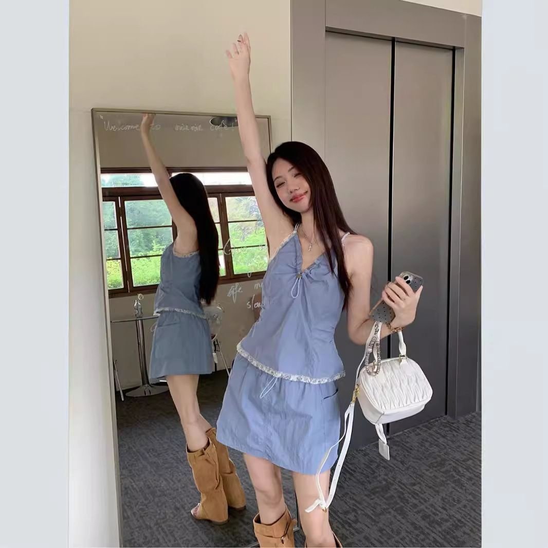 夏季小清新雾蓝色两件套韩系气质穿搭短款吊带上衣裤裙时尚套装