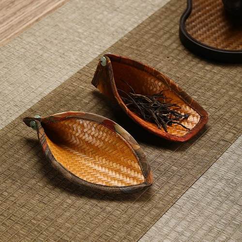 竹编茶则 大漆树叶茶铲簸箕茶拔手工竹赏茶荷茶道功夫茶道零配件