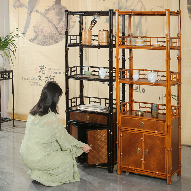 中式复古筇竹手工竹制大型带柜博古架古董架摆件茶具展示架置物架