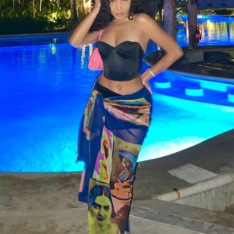 Kliou Mesh Aesthetic Print Skirts Women Stunning Sexy Irregu