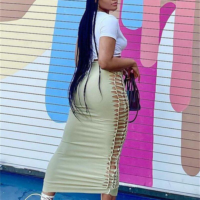 Nibber Summer Solid Color Skirt Hollow Fold Design Elastic W