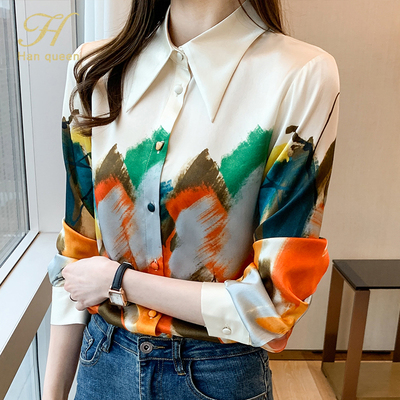 H Han Queen Office Lady Blusa Turn-down Collar Vintage Print