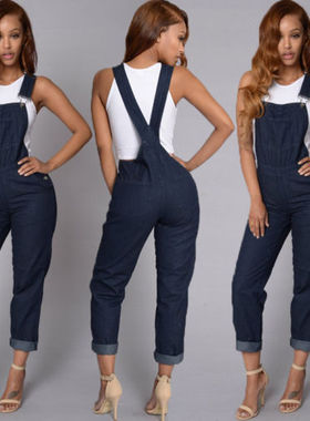 European style Women Denim Overalls High Waist Straps Jumpsu
